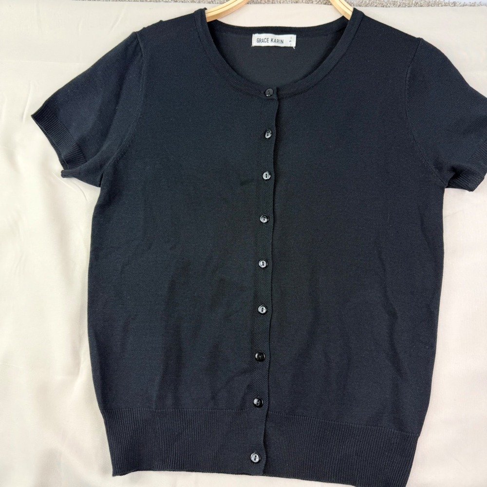 Grace Karin Cardigan Size S Black Solid Preppy Short Sleeve Button Top Classic